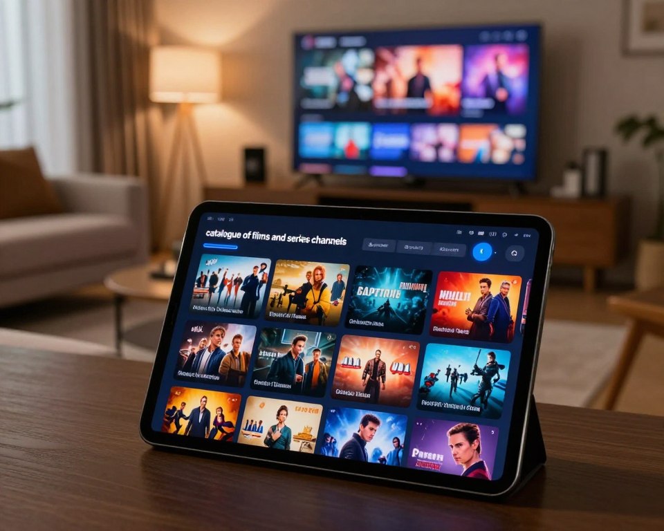 A visually engaging image depicting a well-organized "catalogue of films and series channels". In the foreground, a sleek, modern tablet showcases a vibrant user interface filled with colorful thumbnails of diverse movie genres and popular TV series, capturing attention with rich colors and enticing artwork. The middle layer features a stylish living room setting, with a comfortable sofa and ambient lighting, creating a cozy atmosphere. The background includes a large flat-screen TV, subtly displaying a sample of exciting streaming content. The overall lighting is warm and inviting, emphasizing relaxation and entertainment, perfect for enjoying cinematic experiences. The angle is slightly elevated, providing a comprehensive view of the scene while ensuring clarity and focus on the tablet and content.