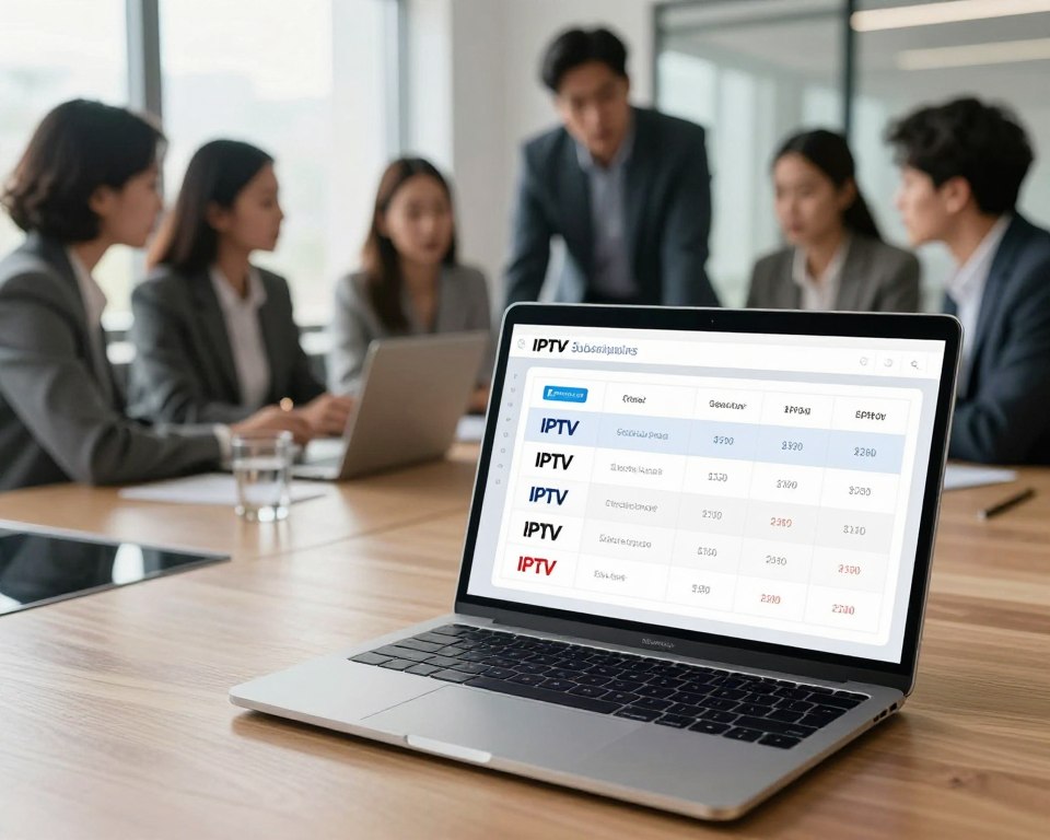 A visually engaging image focusing on the theme of comparing IPTV subscription prices. In the foreground, display an elegant digital tablet or laptop screen showing a sleek comparison chart featuring various IPTV logos and pricing tiers. In the middle ground, include a diverse group of professionals, dressed in business attire, engaged in a discussion around the devices, highlighting collaboration and decision-making. The background should showcase a modern office environment with soft, natural lighting filtering through large windows, creating a calm and productive atmosphere. Use a slightly elevated angle to capture both the devices and the engaged individuals, emphasizing the importance of making informed choices about IPTV subscriptions.