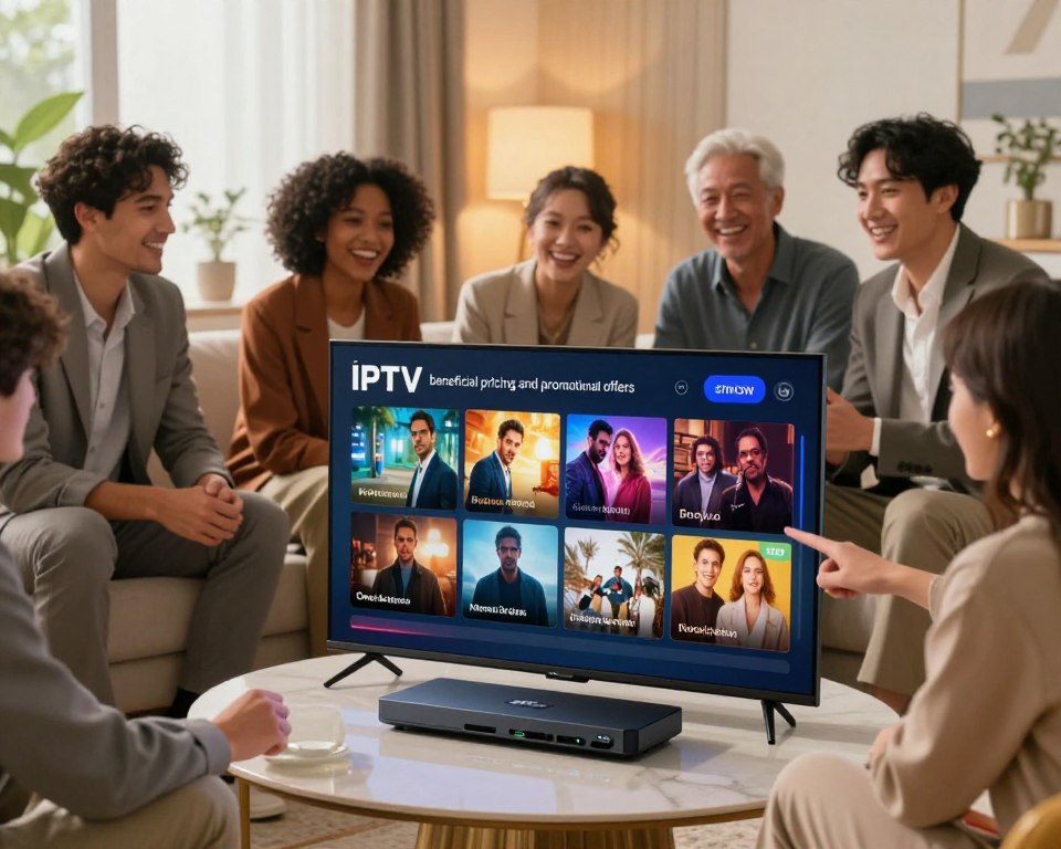 A visually engaging representation of "beneficial pricing and promotional offers" for IPTV services. In the foreground, a sleek, modern digital device, such as a smart TV or streaming box, prominently displays vibrant visuals of various popular TV shows and movies. In the middle ground, a diverse group of professionals, dressed in smart business attire, is gathered around a stylish coffee table, enthusiastically discussing and pointing at the device. The background features a contemporary living room setting, bathed in warm, inviting lighting that suggests comfort and excitement. The atmosphere is vibrant and optimistic, emphasizing the enjoyment and value of affordable IPTV solutions. Capture this scene with a soft-focus lens effect to enhance the inviting mood, while ensuring the environment feels polished and modern.