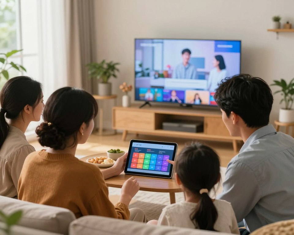 A visually engaging scene depicting a modern home environment where a family is selecting their IPTV subscription. In the foreground, a diverse group of four individuals, dressed in smart casual attire, are gathered around a sleek tablet displaying a comparison chart of streaming options. The middle ground features a cozy living room setup with a large flat-screen TV showing a bright, high-definition image. Soft, warm lighting enhances the inviting atmosphere, while a window in the background lets in natural daylight, creating a sense of comfort. Decorative elements, like plants and a coffee table with snacks, add to the relaxed mood. The overall composition focuses on the interaction and decision-making process, highlighting the importance of choosing the right subscription based on personal needs.