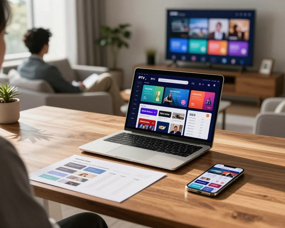 A visually engaging workspace featuring a sleek wooden desk with a laptop open to a vibrant IPTV subscription service interface. In the foreground, a clear, organized document displaying various subscription plans and pricing options, alongside a stylish smartphone showing a streaming app. The middle ground includes a relaxed individual in professional attire, focused on the laptop, with natural light streaming in through a nearby window, creating a warm and inviting atmosphere. The background showcases a modern living room with a large flat-screen TV displaying colorful channel icons, adding depth and context to the scene. A soothing color palette with soft shadows evokes a sense of premium quality and relaxation, perfect for enjoying favorite channels.