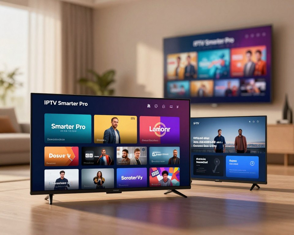 A visually striking comparison scene illustrating the various IPTV applications, focusing on a sleek digital interface of IPTV Smarter Pro displayed prominently in the foreground. Next to it, show two other generic IPTV applications with distinct designs to highlight their differences. The middle ground features a subtle gradient, enhancing the focus on the apps while including icons representing popular streaming channels. In the background, a softly blurred, modern living room setting with a large screen mounted on the wall displaying vibrant IPTV content. The lighting is warm and inviting, casting gentle shadows that add depth. Aim for a professional and informative atmosphere that conveys the essence of digital technology and entertainment without textual distractions.