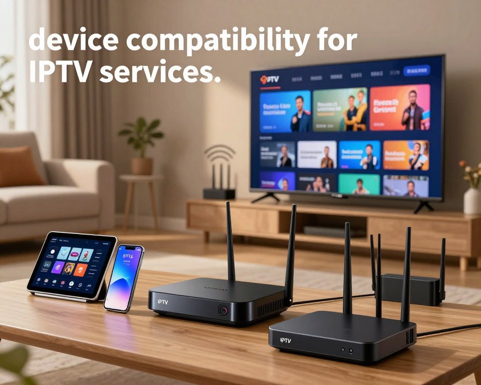 A visually striking illustration representing "device compatibility for IPTV services." In the foreground, display a diverse range of streaming devices including smart TVs, tablets, smartphones, and set-top boxes, all connected to a sleek home network router. In the middle ground, show a modern living room setting with comfortable furniture, highlighting a large smart TV displaying the IPTV interface. In the background, depict a subtle hint of Wi-Fi signals radiating from the router, symbolizing connectivity. The lighting should be warm and inviting, capturing a cozy home atmosphere. Use a clear, balanced angle that emphasizes both the devices and the living space for an engaging composition, conveying a sense of ease in accessing IPTV services across various devices.