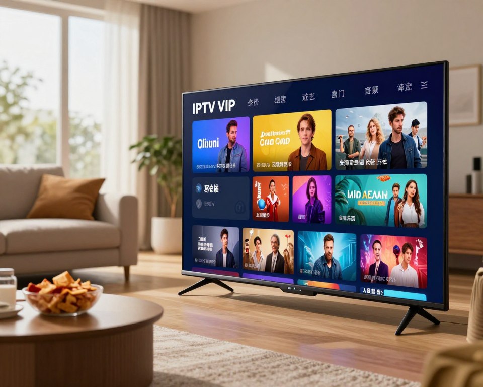 A visually striking image depicting a modern IPTV experience, showcasing a sleek television at the forefront, displaying a colorful array of popular channels and programs. In the middle ground, a stylish living room featuring a comfortable sofa and a coffee table filled with snacks, hinting at a cozy TV-watching atmosphere. The background includes a large window with natural light streaming in, enhancing the inviting feel. Soft, warm lighting creates a welcoming ambiance, while a close-up shot focuses on the television screen, emphasizing vivid colors and dynamic visuals. The overall mood conveys excitement and relaxation, illustrating the exceptional advantages of IPTV VIP for an enhanced viewing experience. No text or watermarks present.