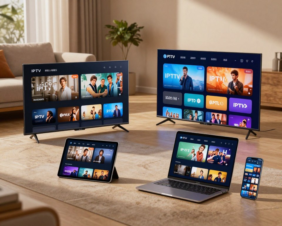 A visually striking image depicting various devices compatible with IPTV services, including a smart TV, tablet, laptop, and smartphone, all arranged in a harmonious layout. In the foreground, the devices display vibrant streaming content, showcasing their capabilities. The middle ground features a cozy living room setting with a stylish couch and a subtle decorative plant, creating a welcoming atmosphere. In the background, soft lighting enhances the inviting mood, casting gentle shadows. The angle should be a slight bird’s-eye view, providing a comprehensive perspective of the setup. The overall ambiance is modern and tech-savvy, emphasizing the versatility and convenience of IPTV across multiple devices.