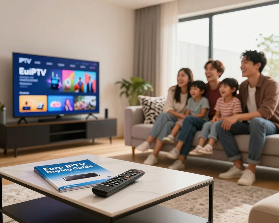 A visually striking image of a modern living room, showcasing a sleek television displaying Euro IPTV content. In the foreground, there is a stylish coffee table adorned with a remote control and a guidebook titled "Euro IPTV Buying Guide", featuring images of various IPTV devices. The middle ground includes a cozy sofa with decorative cushions, and a family or group of friends in modest casual clothing, enjoying the content together, exuding joy and connection. In the background, large windows let in warm, natural light, enhancing the inviting atmosphere. The overall mood is vibrant and engaging, highlighting the excitement of using IPTV for an exceptional viewing experience. The composition is captured with a slight depth-of-field effect, focusing on the joyful expressions of the viewers while softly blurring the background.
