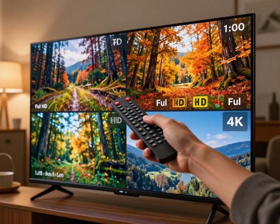 A visually striking image showcasing a high-definition testing interface on a modern television screen. In the foreground, display a sleek TV monitor featuring a vibrant scene of nature with rich colors representing HD, Full HD, and 4K resolutions—each section clearly delineated with distinct visual quality. In the middle layer, include a hand holding a remote, actively interacting with the screen, symbolizing user engagement in quality assessment. The background should be a cozy living room setting, softly illuminated by warm ambient lighting, creating an inviting atmosphere. The angle should capture the TV and hand together, focusing on the visual contrast between the screens and the home environment, emphasizing clarity and quality of the displayed image.