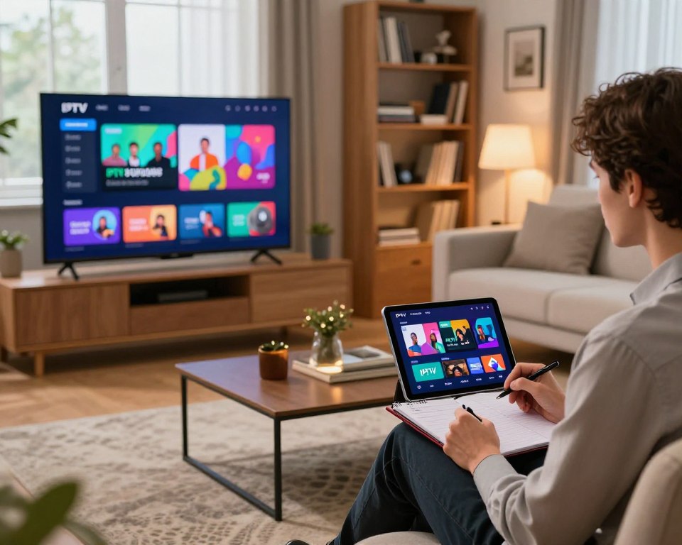A vivid comparison scene showing a modern living room with two distinct sections: on one side, a television displaying a vibrant IPTV test interface with a user-friendly menu, and on the other side, a sleek tablet showcasing a premium IPTV subscription interface. In the foreground, a professional-looking person dressed in business casual attire examines both screens, taking notes on a notepad. The middle ground features contrasting elements: a comfortable sofa, stylish decor on a coffee table, and ambient lighting that creates a warm, inviting atmosphere. The background includes soft-focus bookshelves filled with tech guides and entertainment media, enhancing the tech-savvy theme. Utilize soft, natural lighting from a window to convey a knowledgeable, relaxed mood.