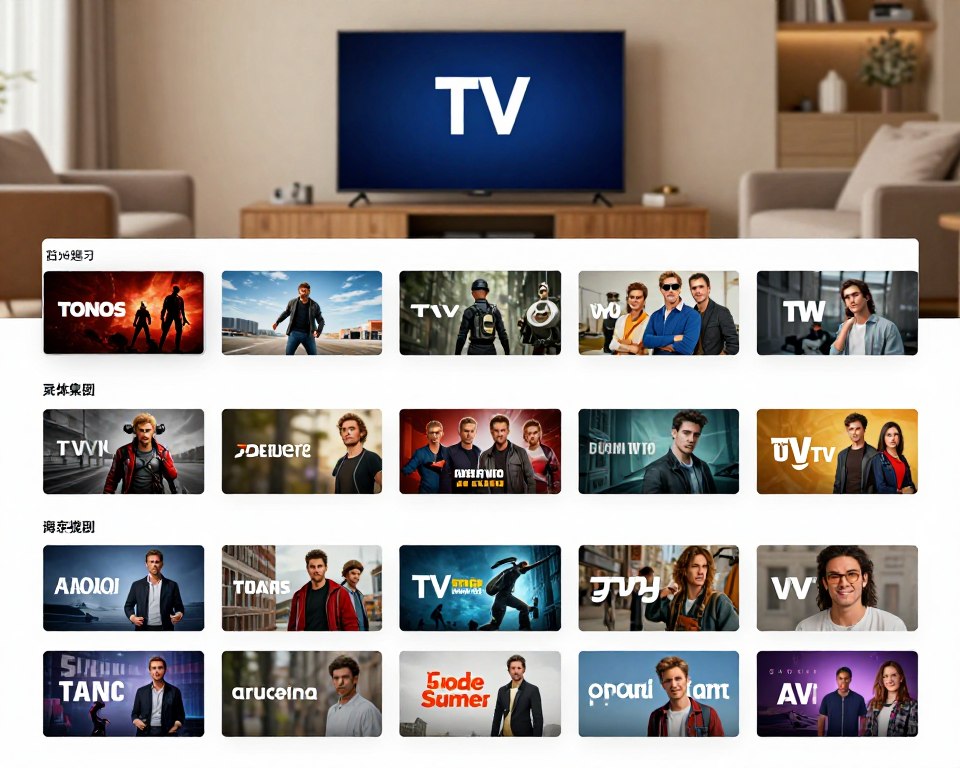 A well-organized display of various entertainment options featured in a modern digital catalogue layout. The foreground showcases vibrant thumbnails of popular TV channels, movies, and series, with detailed images illustrating genres such as action, drama, and comedy. In the middle layer, there are sleek, organized sections representing different categories with subtle shadowing to create depth. The background features a stylish home entertainment setup, including a large flat-screen TV and a cozy couch, bathed in soft, warm lighting to evoke a welcoming atmosphere. The scene captures a harmonious blend of technology and leisure, inviting viewers to explore a diverse range of engaging content. The composition conveys excitement and variety, ideal for showcasing an exceptional TV experience.