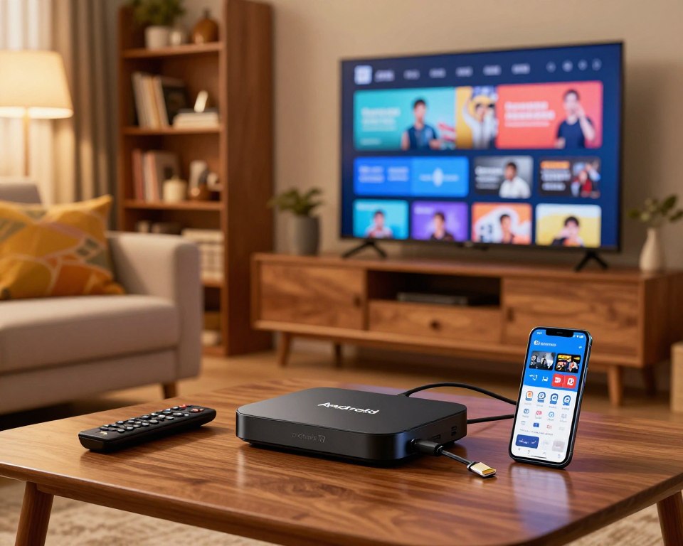 An Android installation box set up in a cozy living room environment. In the foreground, a sleek black Android TV box sits on a wooden coffee table, surrounded by a remote control, HDMI cables, and a smartphone displaying an IPTV app. The middle ground features a stylish sofa with a colorful throw pillow, and a large flat-screen TV mounted on the wall, showcasing an IPTV streaming interface. The background includes bookshelves filled with books and decorative items, creating a homey atmosphere. Soft, warm lighting from a lamp in the corner casts a welcoming glow. The composition is shot at a slight angle to emphasize depth, inviting viewers to explore the configuration process of IPTV on the Android box.