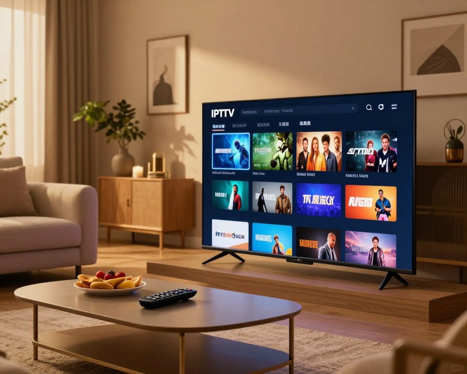 An elegant, modern workspace showcasing premium IPTV functionalities and services. In the foreground, a sleek TV screen displays a user-friendly interface filled with various streaming options, highlighting categories like movies, sports, and international channels. In the middle, a stylish coffee table with a remote control and snacks sets a relaxed mood. The background features a cozy living room illuminated by warm, inviting lighting, with plush furniture and decorative elements like plants and artwork. The image captures a sense of luxury and comfort, ideal for a perfect entertainment experience. Use a slightly angled perspective to create depth and bring focus to the TV. The atmosphere is calm and sophisticated, evoking joy in streaming entertainment.