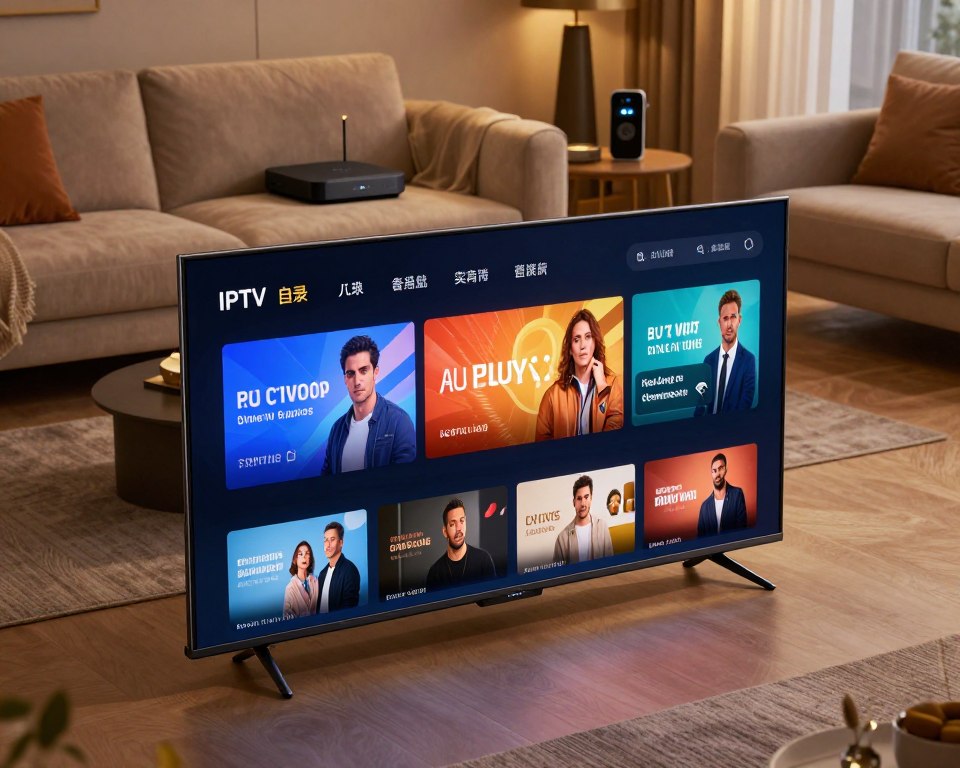 An engaging and dynamic image showcasing the theme of high-quality streaming technology. In the foreground, a sleek, modern smart TV displaying vibrant streaming content, with vivid colors and sharp details. The middle ground features a comfortable living room set up, with a plush sofa, stylish decorative elements, and ambient lighting creating a cozy atmosphere. The background includes subtle hints of advanced streaming devices like a streaming box and various sleek gadgets. Soft, warm lighting enhances the modern ambiance, and the angle is slightly from above, giving a comprehensive view of the space. The overall mood is inviting and tech-forward, reflecting excellence in streaming quality, perfect for an article about IPTV services.