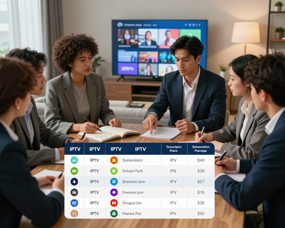 An informative and visually engaging comparison of IPTV subscription plans. In the foreground, an organized table illustrating various IPTV packages, showcasing features like prices, channel variety, and streaming quality, with colorful icons representing different services. In the middle, a diverse group of people in professional business attire discussing the plans, one person pointing at the table while others take notes. In the background, a modern living room with a large television displaying a streaming interface, soft lighting creating a cozy atmosphere. The scene is captured at a slightly angled perspective to emphasize interaction among the individuals, generating a collaborative mood. No text, logos, or watermarks visually clutter the image.