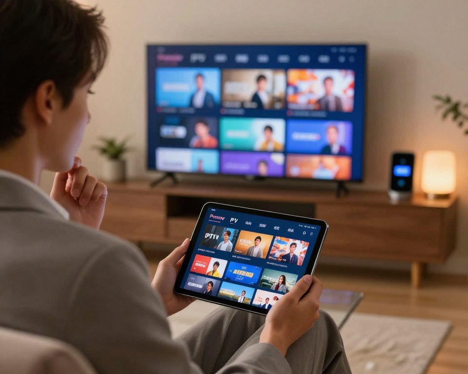 An insightful, detailed analysis of the "Premier IPTV" service depicted visually. In the foreground, include a person in professional business attire, attentively examining a sleek tablet displaying vibrant IPTV content, their expression thoughtful and engaged. In the middle ground, a modern living room setting showcases a large, wall-mounted TV streaming various channels, highlighting the diverse offerings of the IPTV service. In the background, soft ambient lighting enhances a tech-savvy atmosphere, with smart home devices subtly integrated into the decor. Use warm tones to convey a sense of comfort while maintaining a professional mood. Aim for a medium angle view, capturing both the user interaction and the broader environment, evoking a sense of cutting-edge technology and quality entertainment.